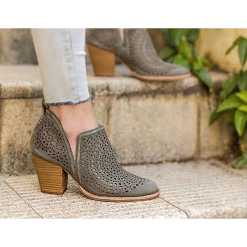 Jeffrey Campbell Suede Laser Cut Ankle Booties Block Heel Tan Women's Size 9